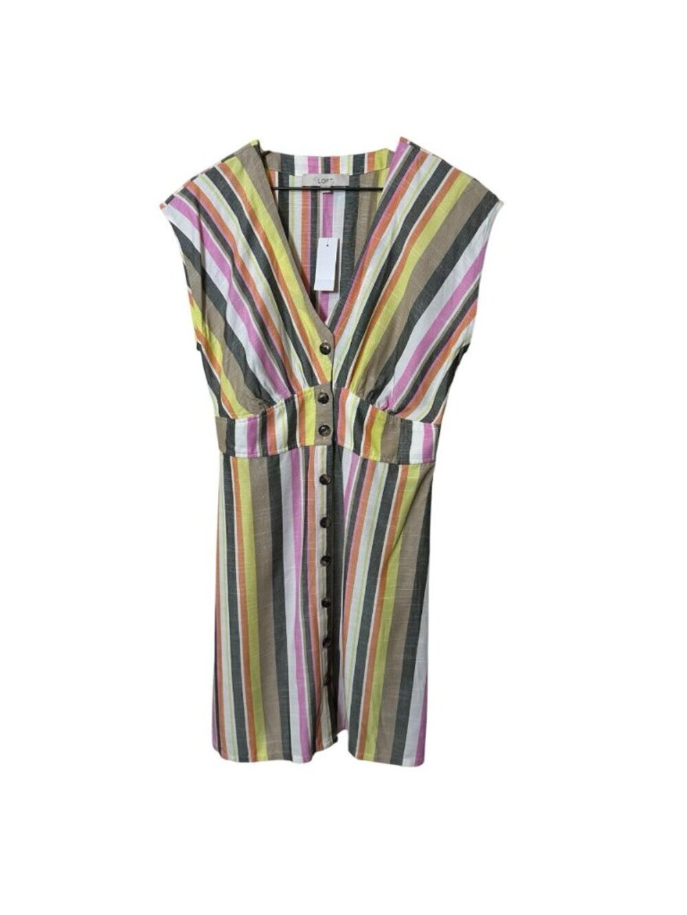 Loft Women’s Sz 8 Summer Sleeveless Shirt Dress Boho Button Pastels Pink Striped